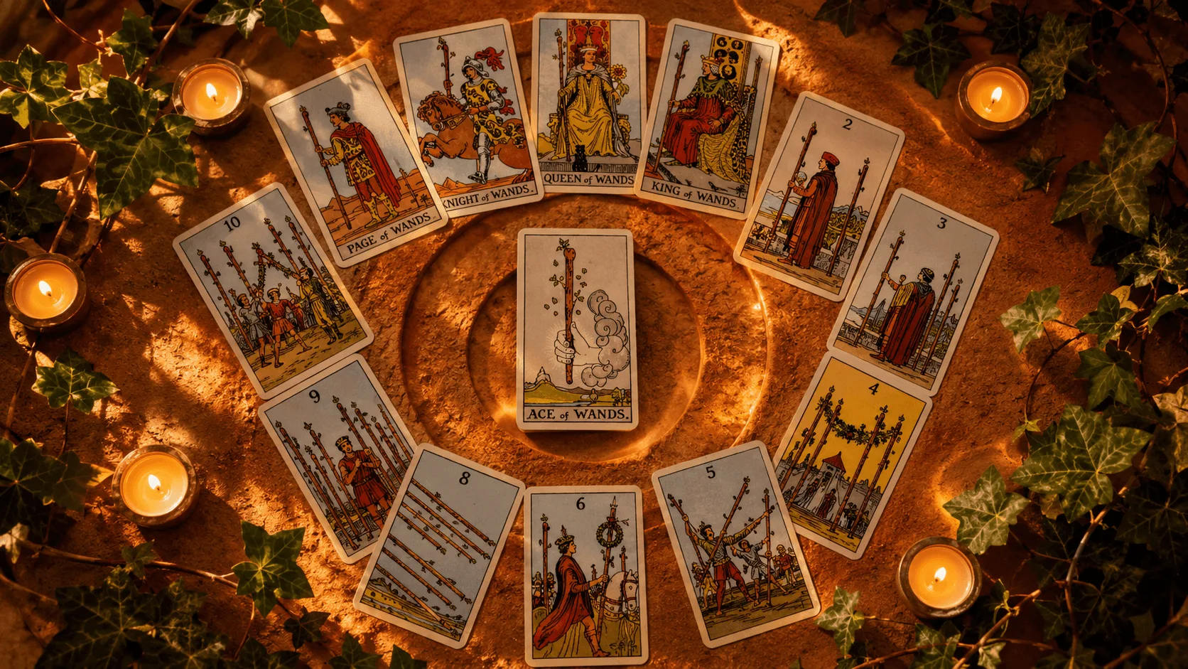 the tarot suit of wands laid out on a table
