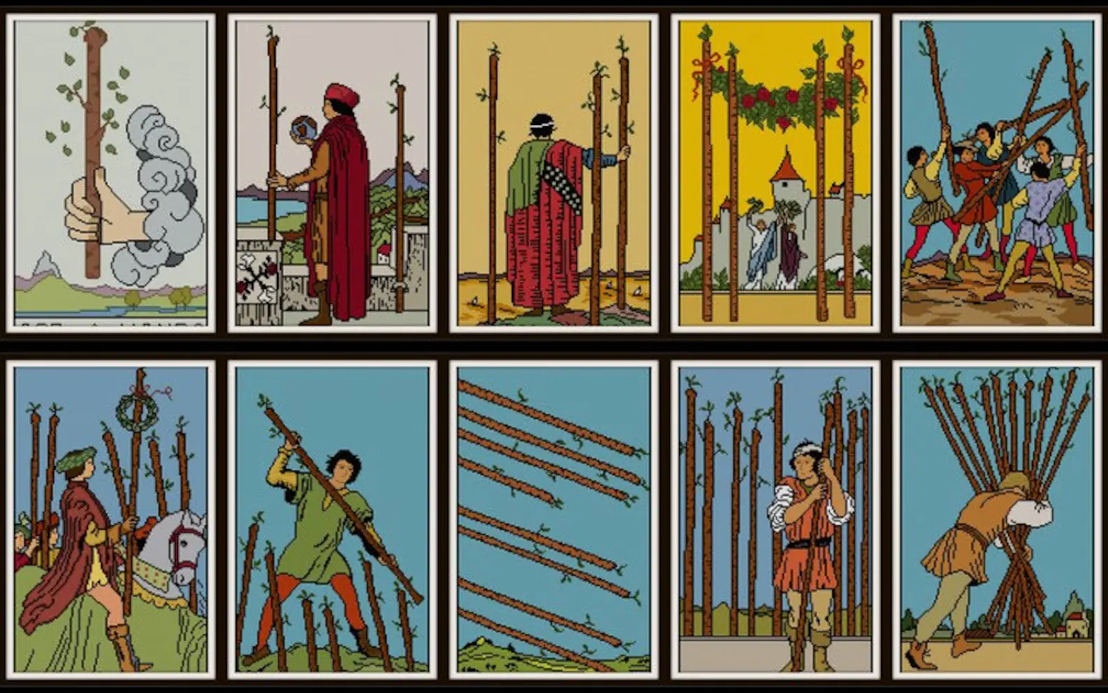 composite image showing the art of the minor arcana cards in the wands suit