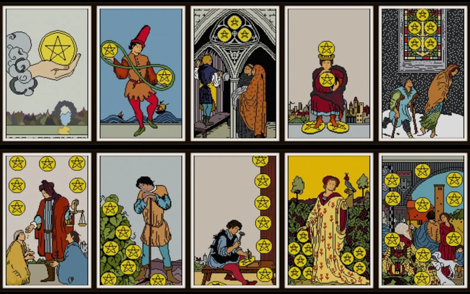 composite image showing the art of the minor arcana cards in the pentacles suit