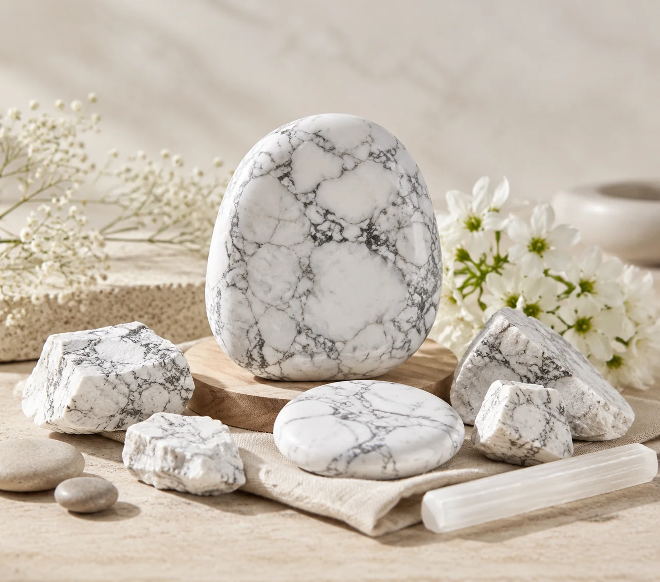 smooth howlite stones of varying sides on display, showing distinctive gray marbling