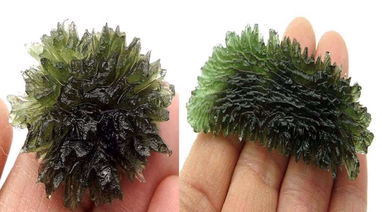 composite image showing real moldavite vs fake moldavite made of green glass