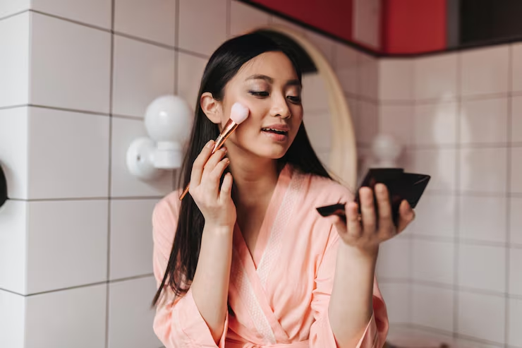 woman applying makeup in the bathroom