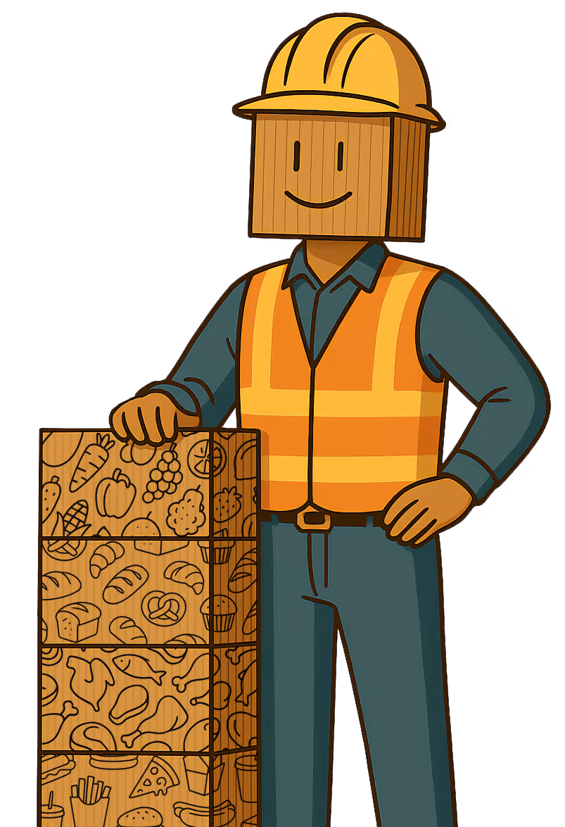 A box head character wearing a hard hat and hi-vis safety vest, standing with one hand on a stack of boxes decorated with various food icons.