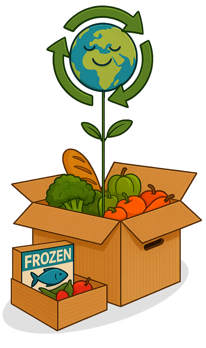 Illustration of a cardboard box filled with fresh vegetables and bread, with a smaller box labeled 'FROZEN' containing fish and vegetables, and a smiling earth with recycling arrows growing like a plant from the box.