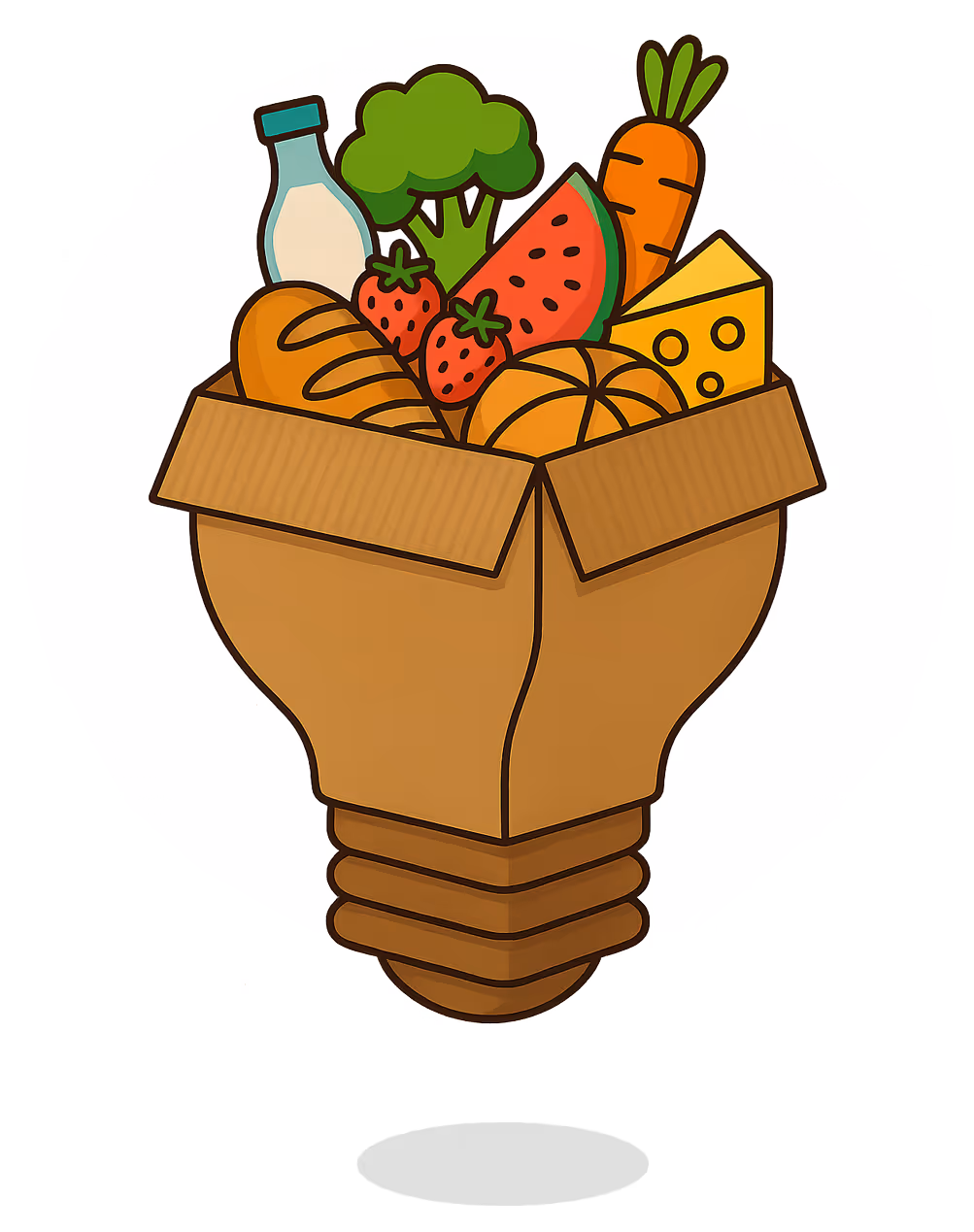 A light bulb shaped cardboard box filled with various foods including bread, broccoli, watermelon, carrot, strawberries, cheese, and a bottle of milk.