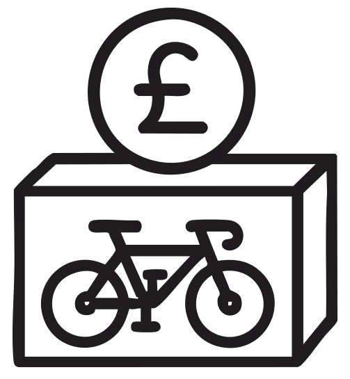 Icon of a bicycle on a box with a pound coin above it, representing affordability.