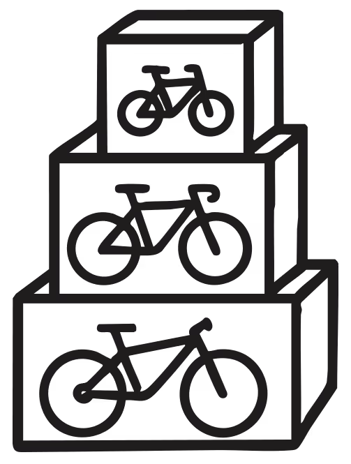 Three stacked boxes with bicycle illustrations in increasing size from top to bottom.