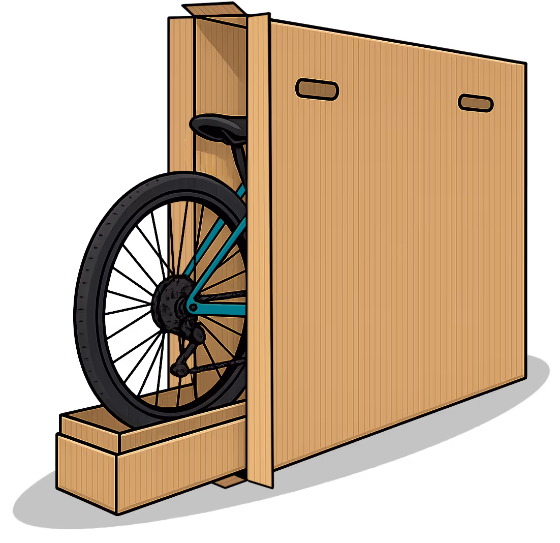 Bicycle partially packed inside an upright corrugated cardboard box with cutout handles.