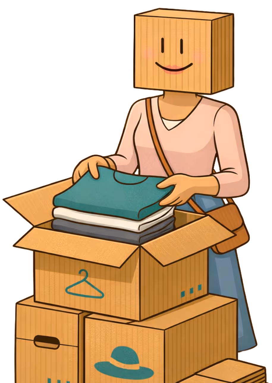 Box-head person smiling while folding clothes into cardboard boxes.