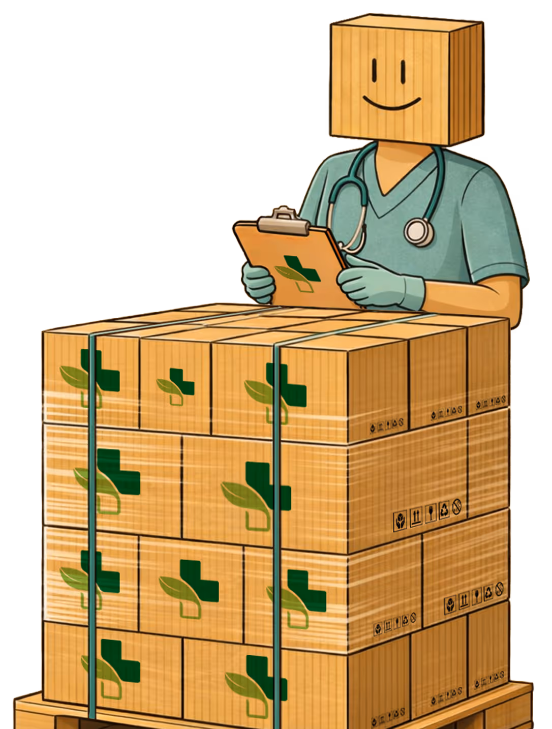 Illustration of a healthcare worker with a box head holding a clipboard standing behind a pallet stacked with branded cardboard boxes.