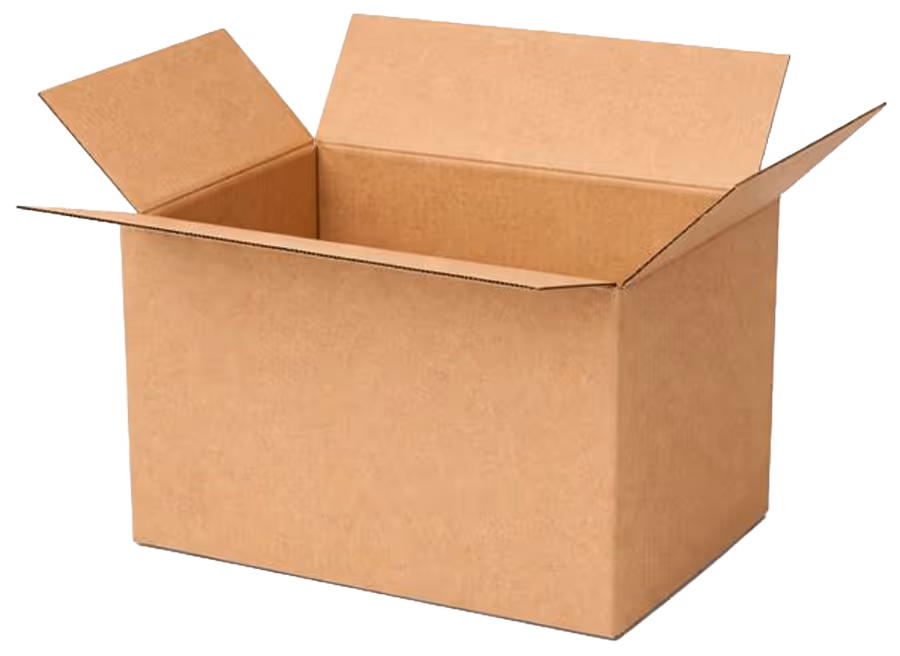 Open empty brown cardboard box with flaps partially folded outward.