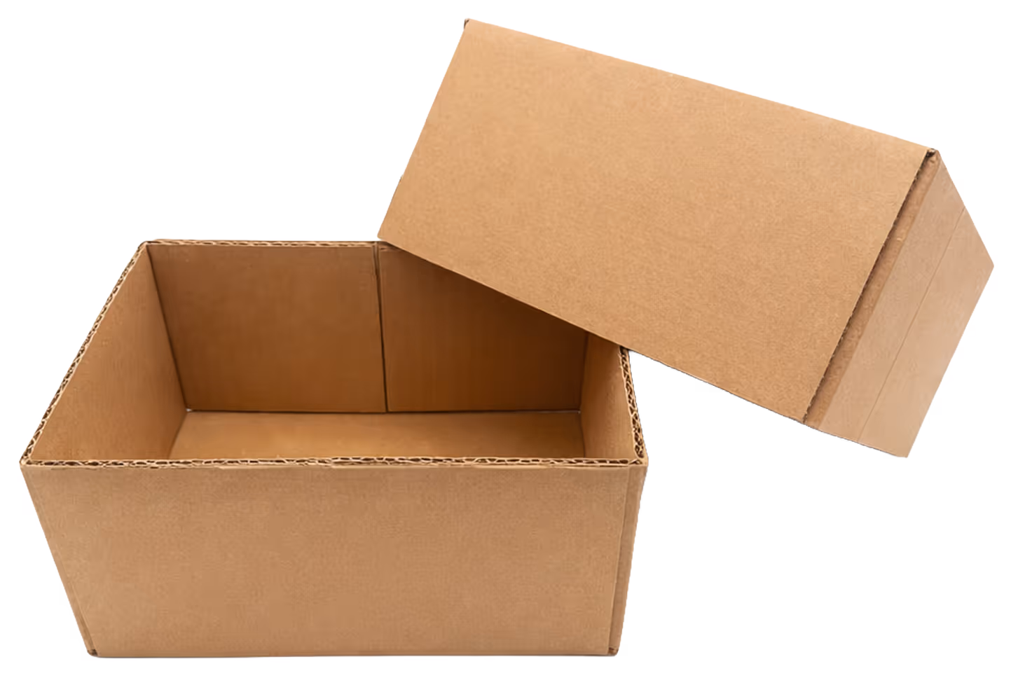 Open brown corrugated cardboard box with detached lid resting at an angle.