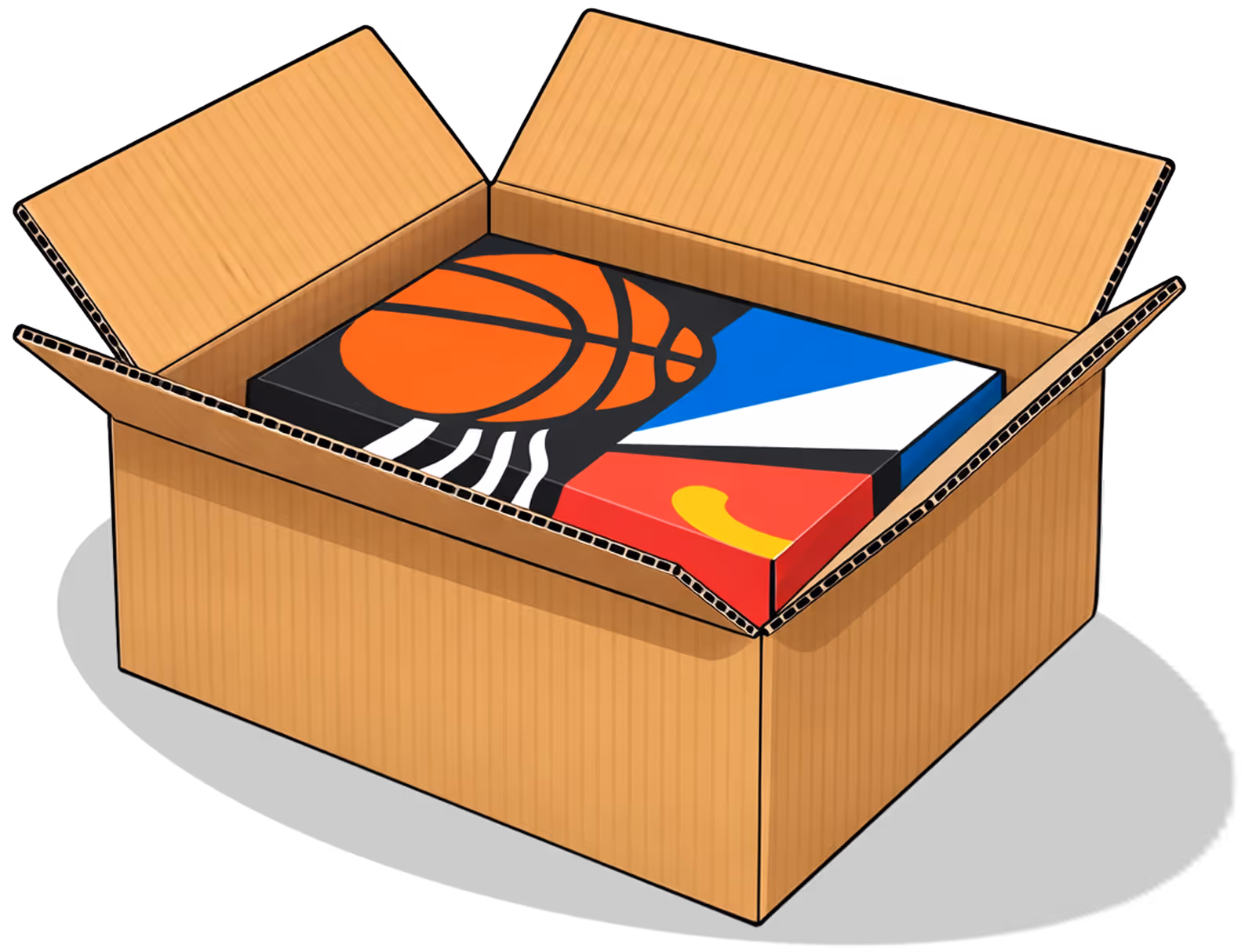 Open cardboard box containing a colorful shoebox with a basketball graphic on the lid.