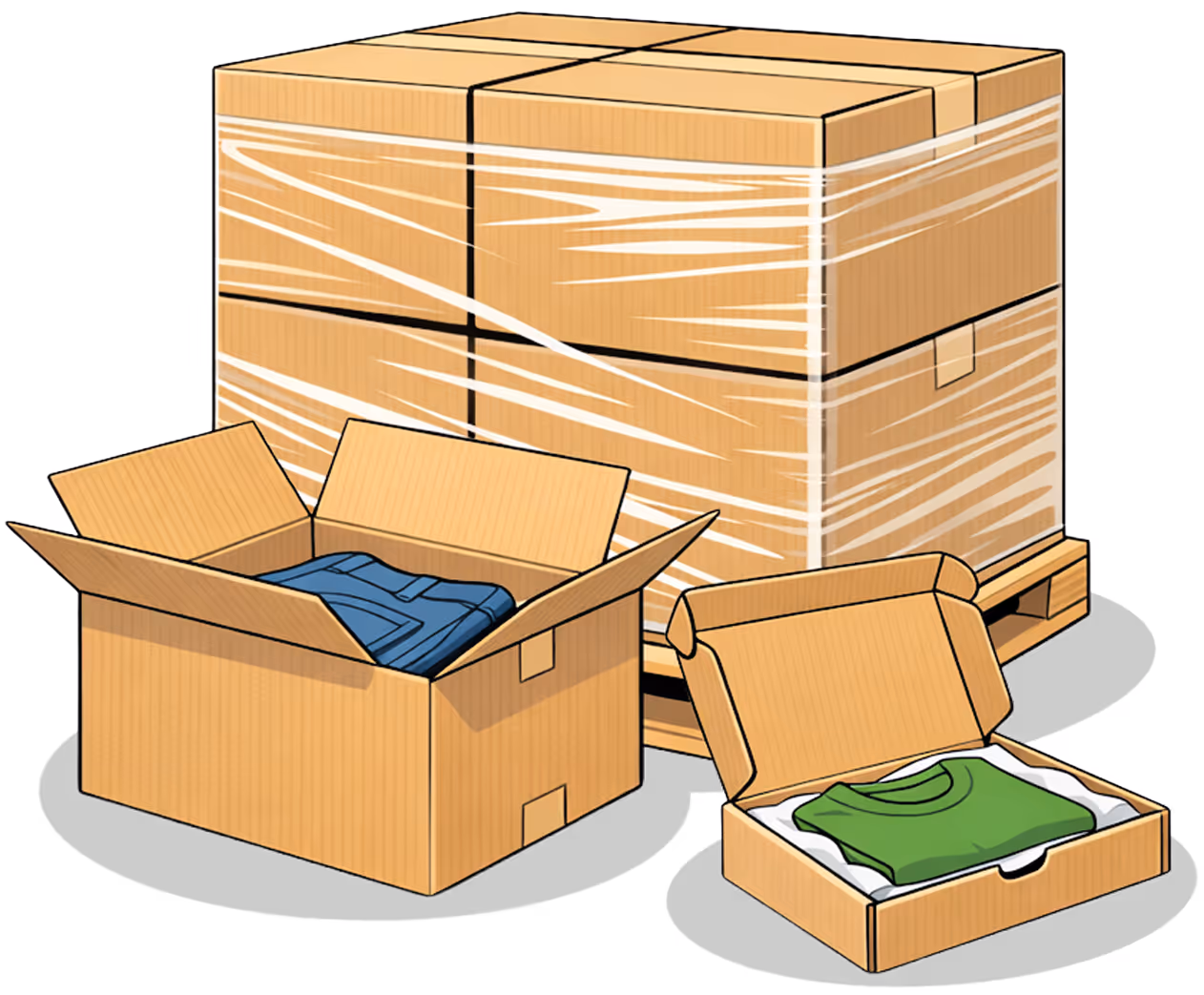 Stack of four large cardboard boxes wrapped in clear plastic on a pallet, with one open box containing folded jeans and another open flat box containing a folded green shirt.