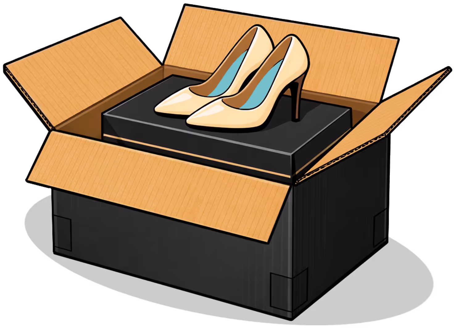 Beige high-heeled shoes displayed on top of a black shoe box inside an open cardboard box.