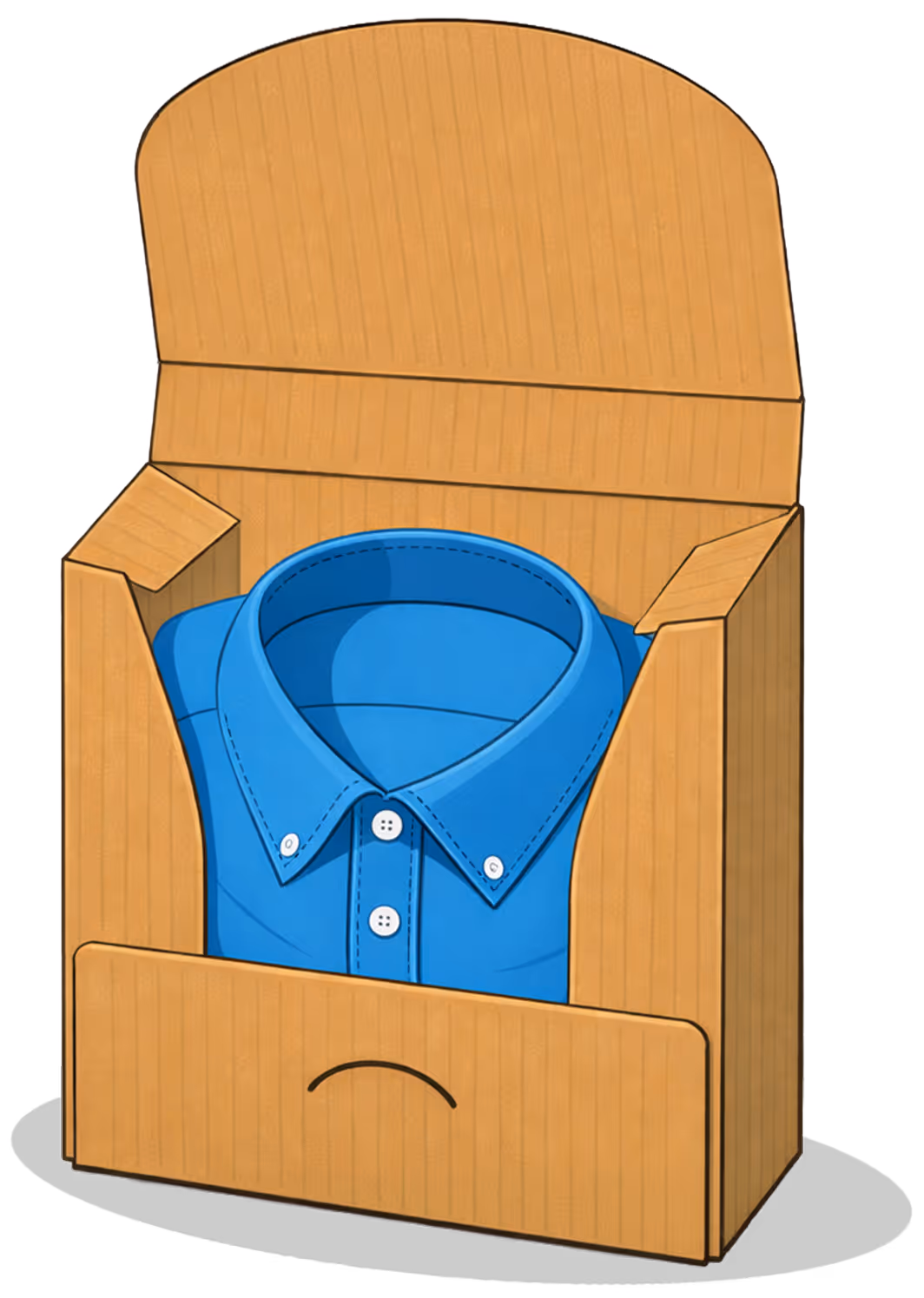 Blue collared shirt neatly folded inside an open brown cardboard box.