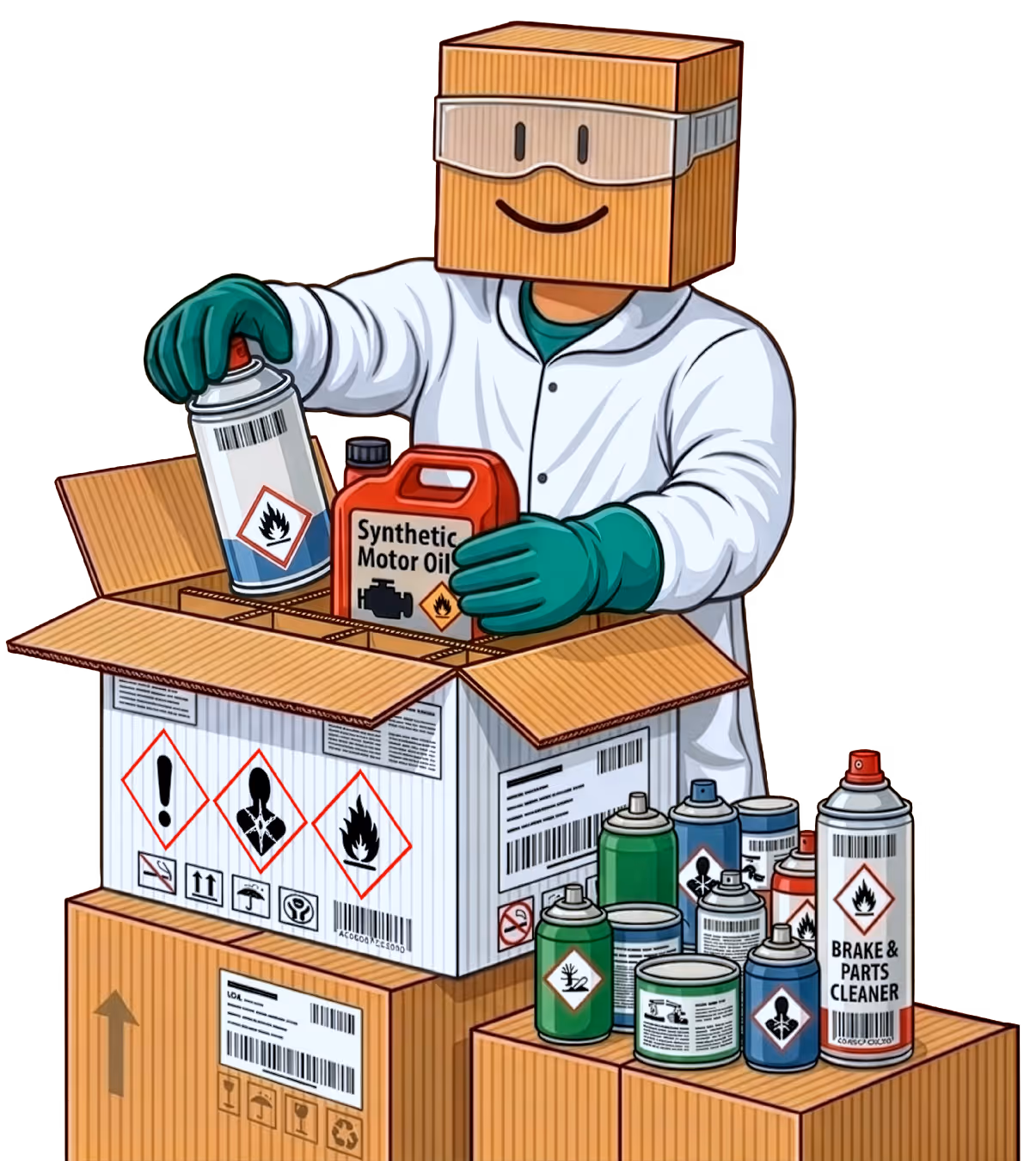Illustration of a person with a cardboard box head wearing safety goggles, gloves, and a lab coat packing flammable and hazardous chemical containers into a cardboard box.