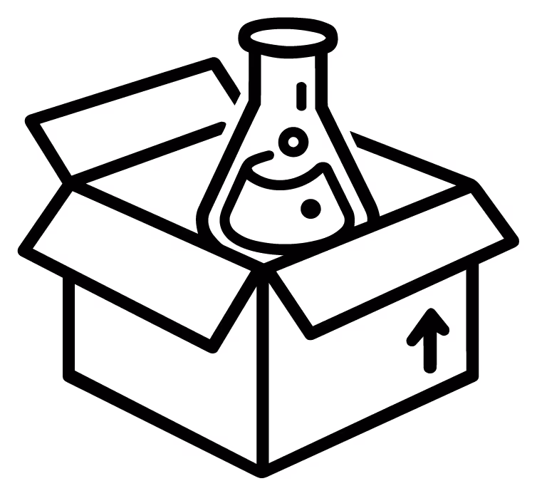Line drawing of a chemical flask inside an open cardboard box with an upward arrow on the side.
