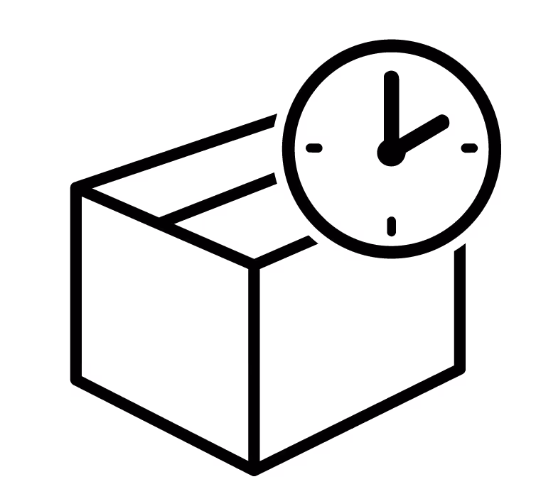 Outline of an open box with a clock showing 2 o'clock behind it.