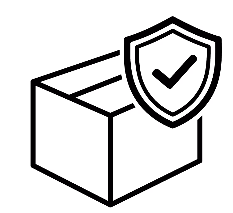 Open box with a shield featuring a checkmark symbol, representing package protection or secure delivery.