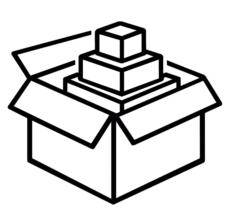 Open cardboard box with three stacked cubes inside, arranged from largest to smallest.