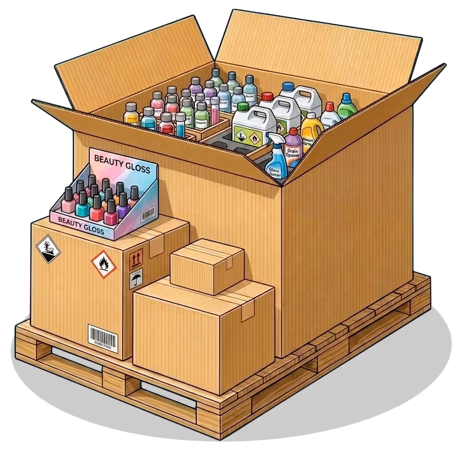 Cardboard boxes and an open box filled with various bottles and containers of chemicals and beauty gloss nail polish on a wooden pallet.