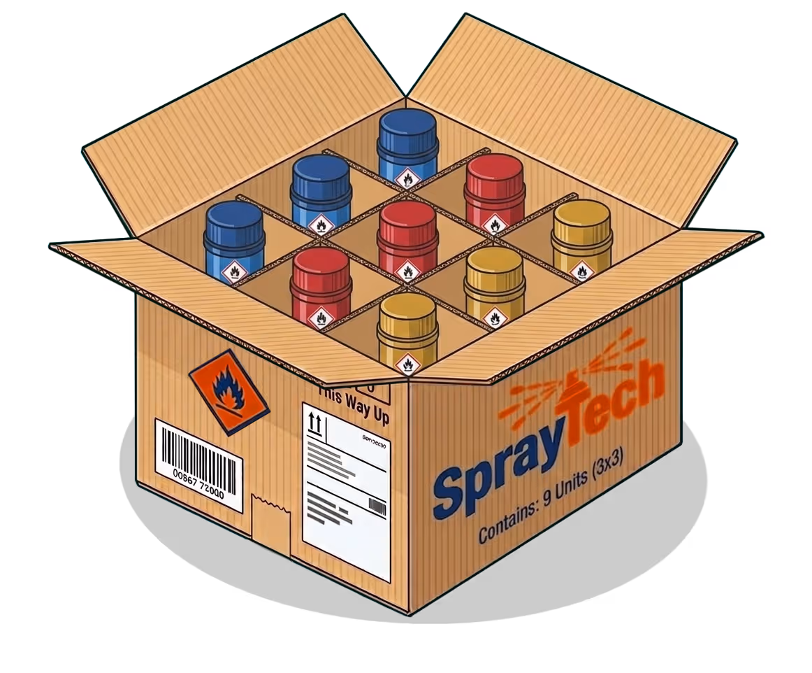Open cardboard box with nine spray cans in blue, red, and yellow, each marked with a flammable symbol, labeled SprayTech.