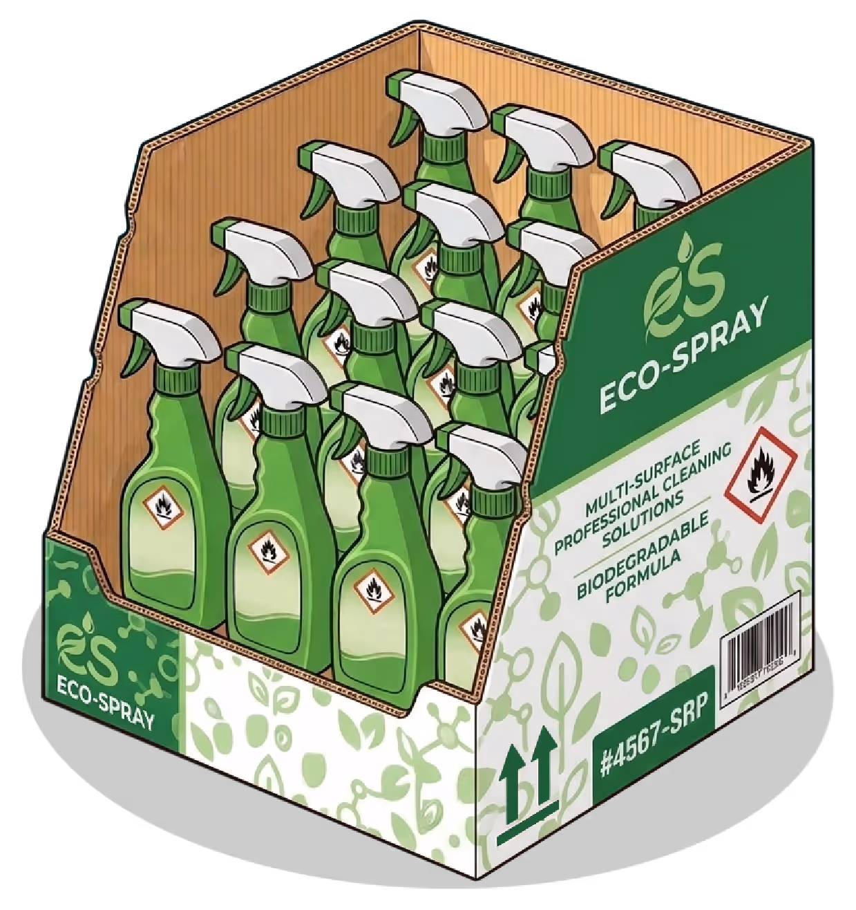 Cardboard display box holding twelve green spray bottles labeled eco-friendly multi-surface cleaning solution with biodegradable formula.