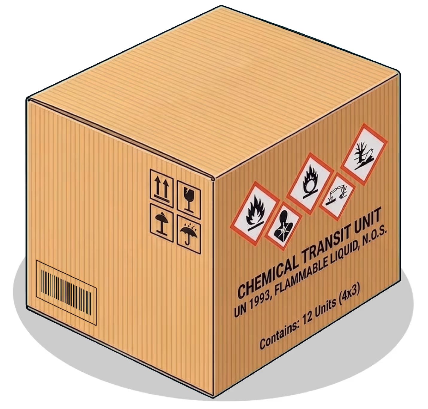 Closed cardboard box labeled chemical transit unit with hazard symbols for flammable, health hazard, oxidizer, corrosive, and environmental hazard.