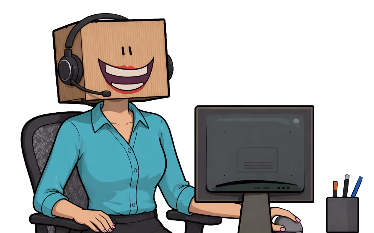Person with a cardboard box head wearing a headset, seated at a desk with a computer and holding a mouse.