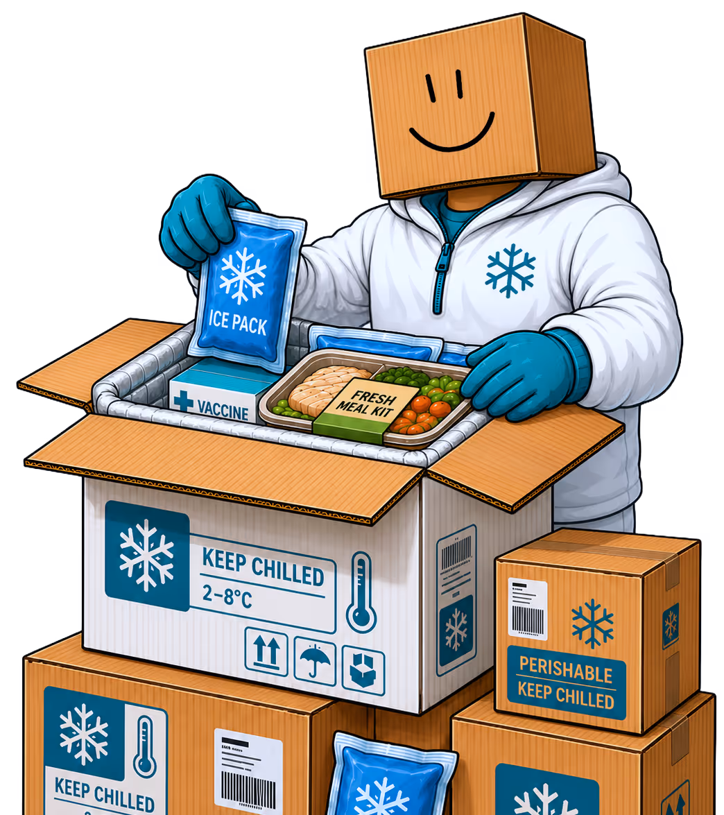 Person with a box head packing chilled vaccine and fresh meal kit with ice packs in labeled boxes.