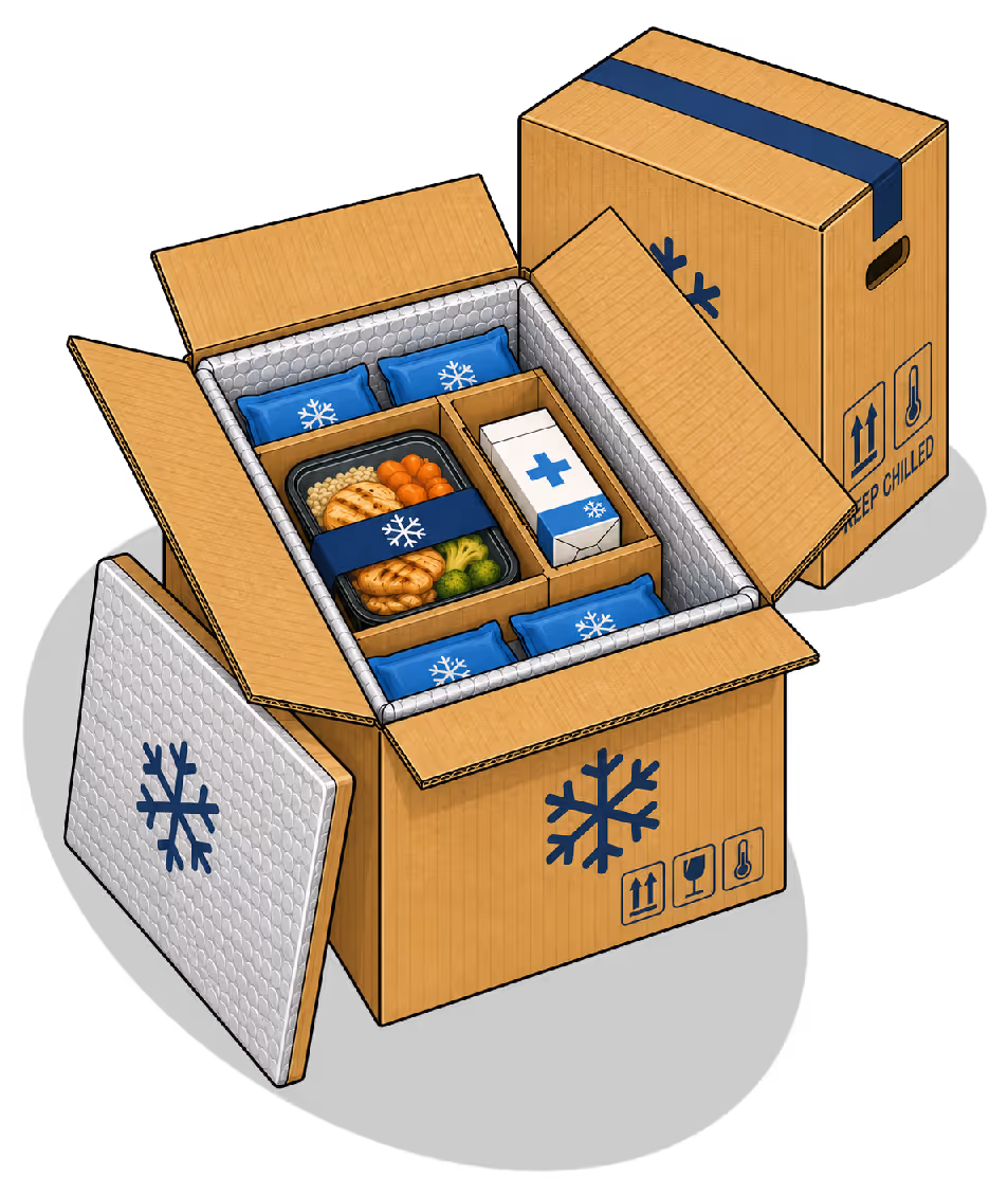 Open insulated cardboard box with food container, chilled packs, and medicine carton inside.