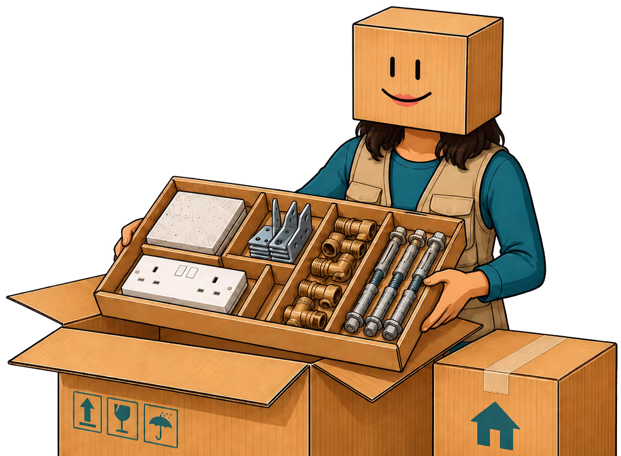 Person with a cardboard box head holding an open box of hardware parts and standing by two cardboard boxes.