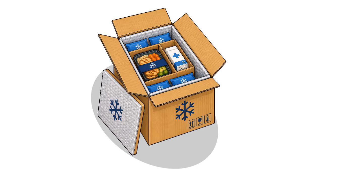 Insulated cardboard box with ice packs and compartments holding food and a chilled carton inside.