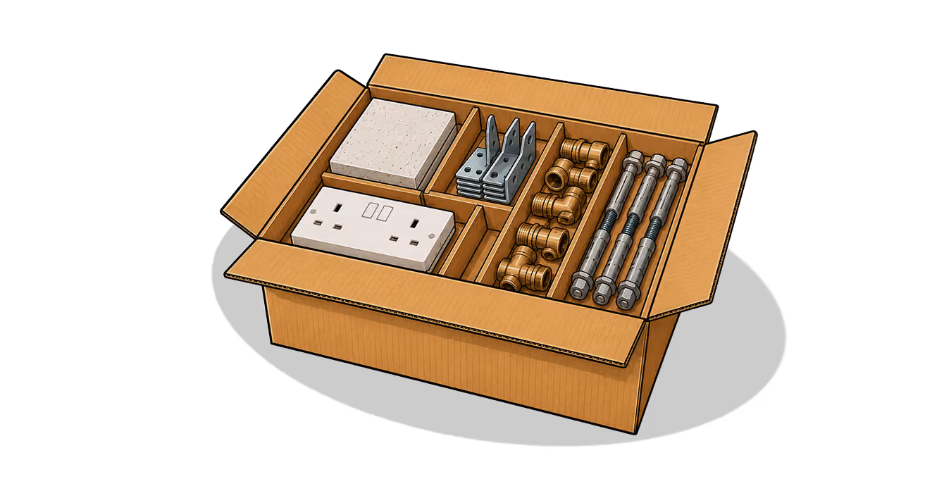 Open cardboard box with compartments holding metal brackets, bolts, pipe fittings, and wall plate.