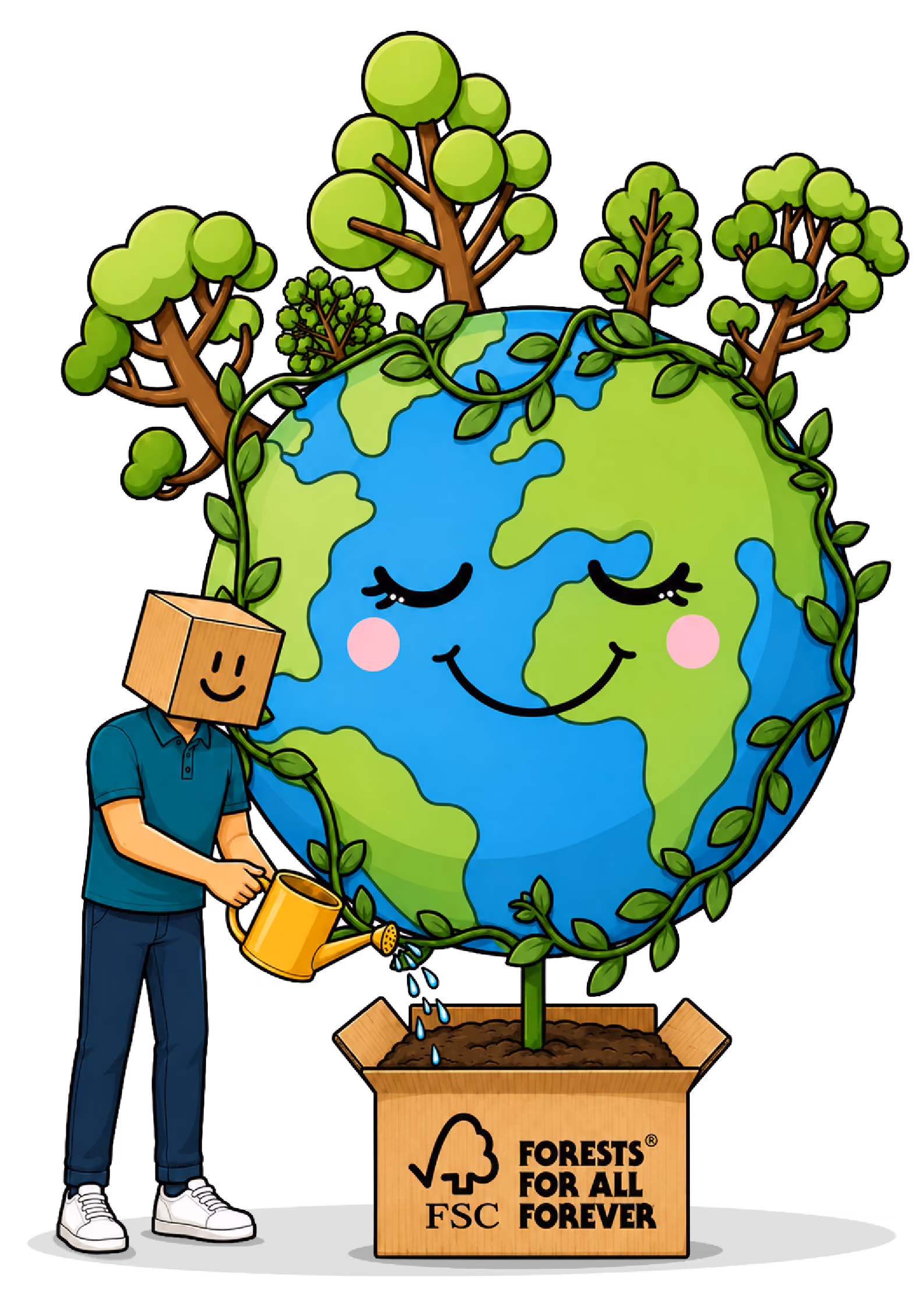 Person with a box head watering a smiling Earth tree growing from a box labeled FSC Forests for All Forever.