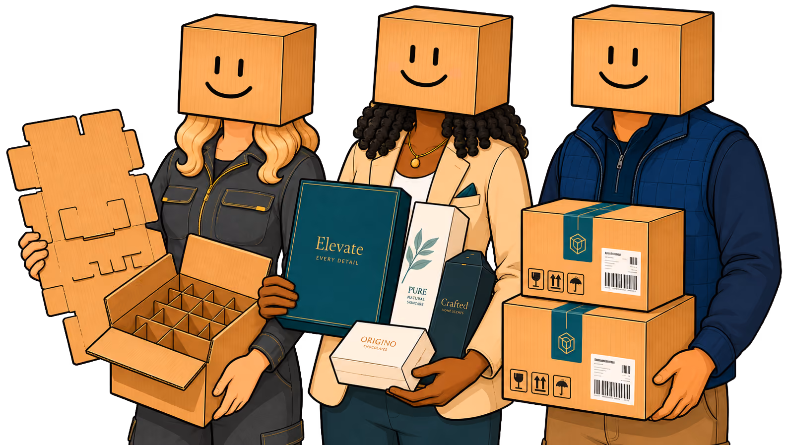 Three 'box head' people smiling, holding various cardboard packaging and product boxes.