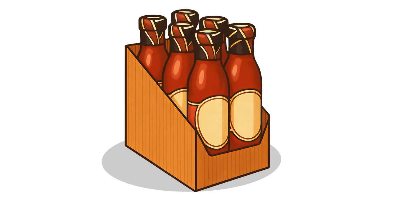 Six bottles with blank labels in a shelf-ready cardboard box.