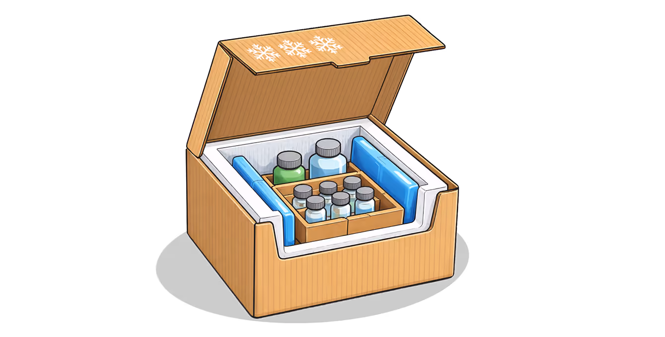 Open insulated cardboard box with medical vials and cooling gel packs inside for temperature control.