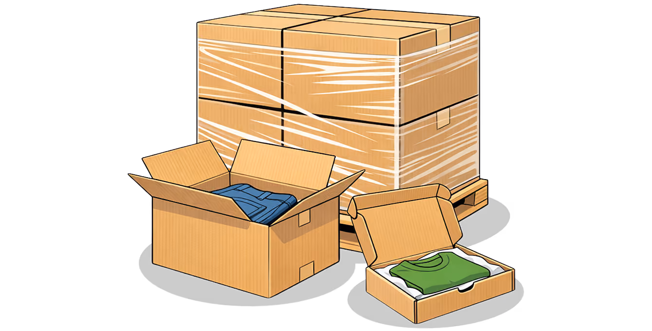 A pallet with wrapped cardboard boxes behind two open boxes holding folded blue jeans and a green shirt.