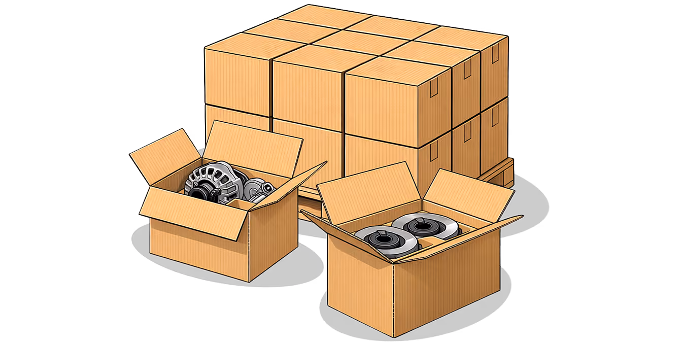 Open cardboard boxes with automotive parts in front of stacked closed cardboard boxes on a pallet.