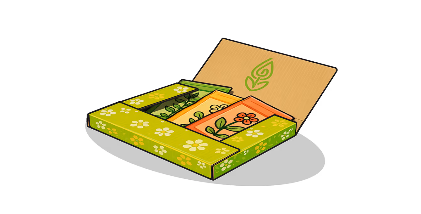 Open box with three colourful seed packets illustrated with flowers and leaves in a floral-patterned printed cardboard sleeve.