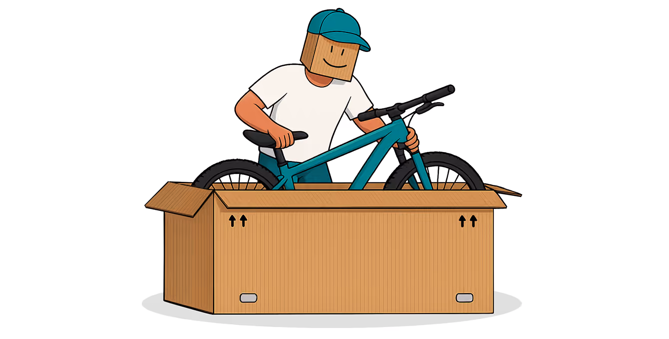 Cartoon figure with a cardboard box head unpacking a bicycle from a large cardboard box.
