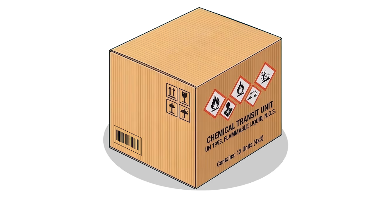 Cardboard box labeled chemical transit unit with hazard symbols for flammability, health risk and environment.