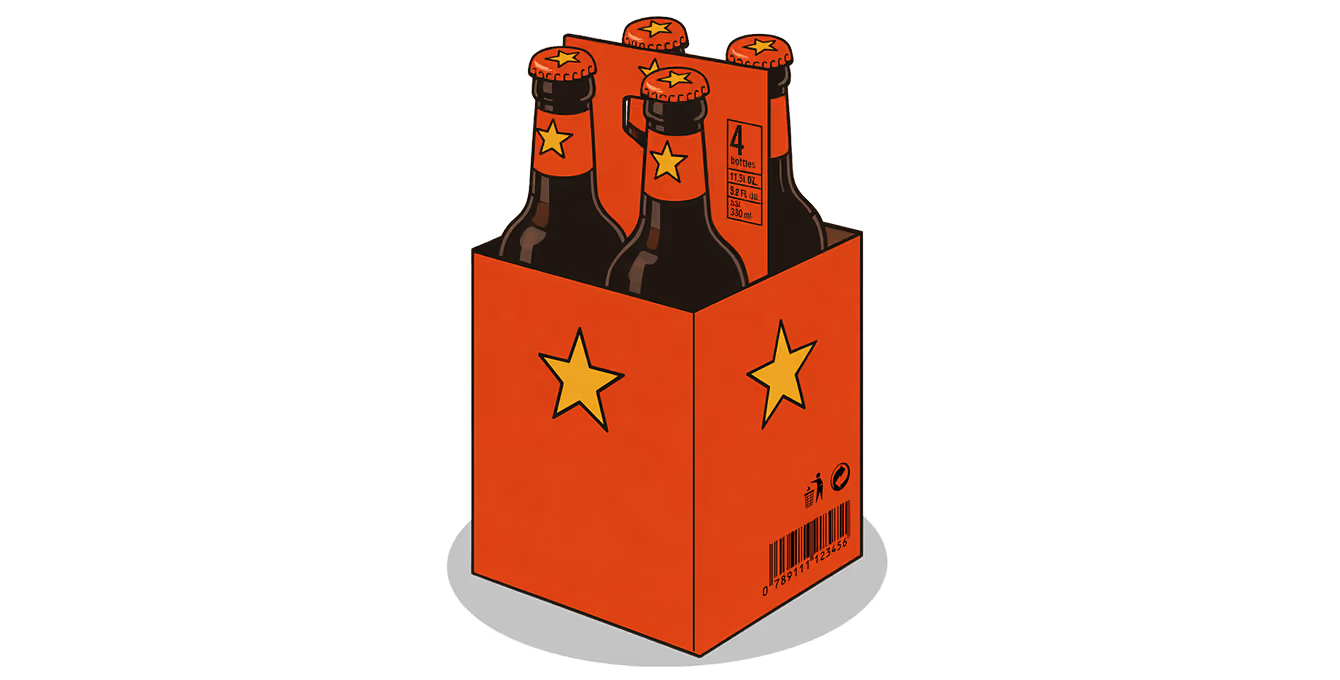 Four brown beer bottles in an orange carrier with yellow stars on the sides and caps.