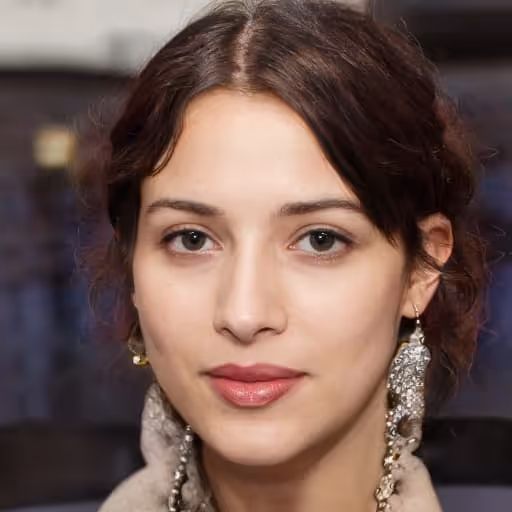 Close-up portrait of a woman with light skin, brown wavy hair, and large dangling earrings.