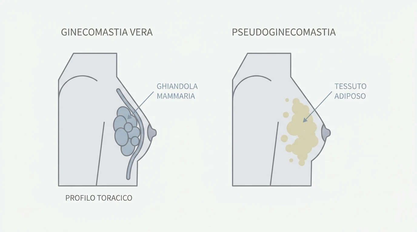 Diagramma schematico che confronta la ginecomastia vera, caratterizzata da tessuto ghiandolare, e la pseudoginecomastia con accumulo di grasso.