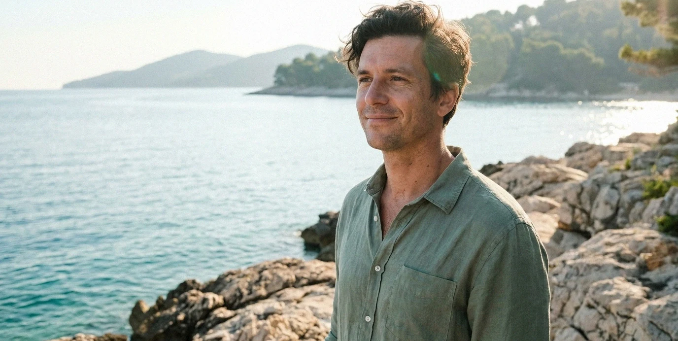 Un uomo ritrova la sicurezza in se stesso sulla costa vicino a Trieste, mostrando un torace tonico e naturale.