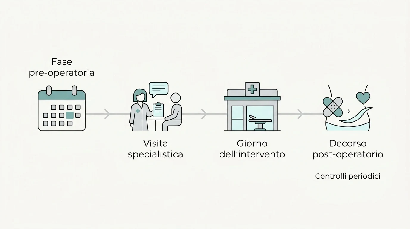 Diagramma a blocchi che illustra le fasi del percorso di addominoplastica, dalla preparazione al recupero finale.
