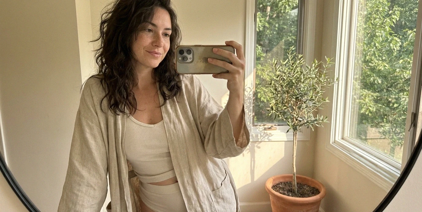 Donna che ritrova la fiducia in se stessa e la pancia piatta dopo l'addominoplastica, in un luminoso bagno di casa.
